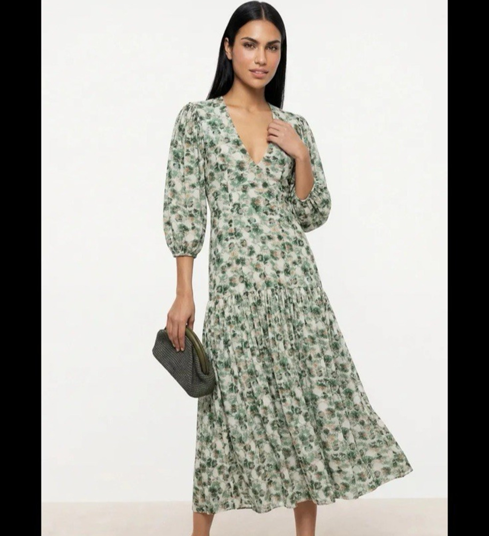 Marysia Imperialis Floral Midi Dress Green V-Neck Puff Sleeve Women's Large EUC